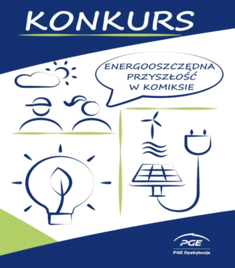 Plakat konkursowy. Granatowe grafiki: ludzie, panel słoneczny i żarówka na białym tle. Napis „Energooszczędna przyszłość w komiksie” . Logo PGE Dystrybucja